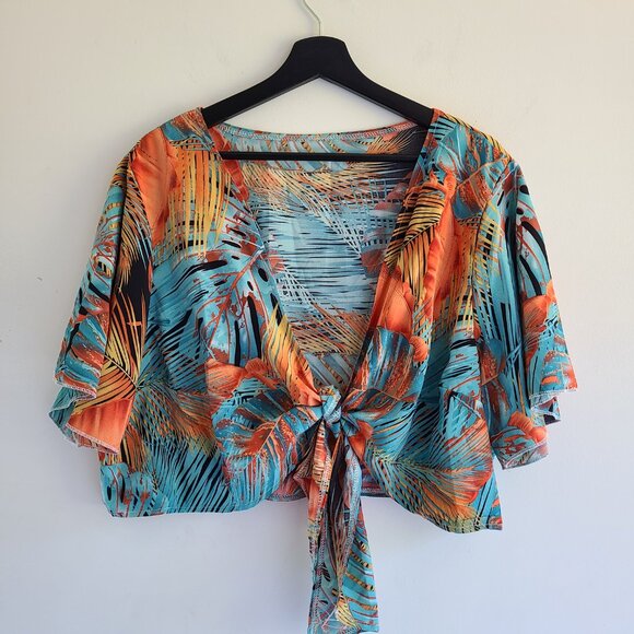 SHEIN Curvy Cropped Tie Front Blouse 3X Floral Batwing Sleeve Hawaiian Tropical - Picture 2 of 9